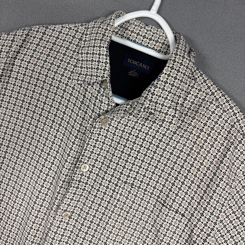 Toscano Shirt Mens Medium Tan Geometric 100% Silk Short Sleeve Button Down